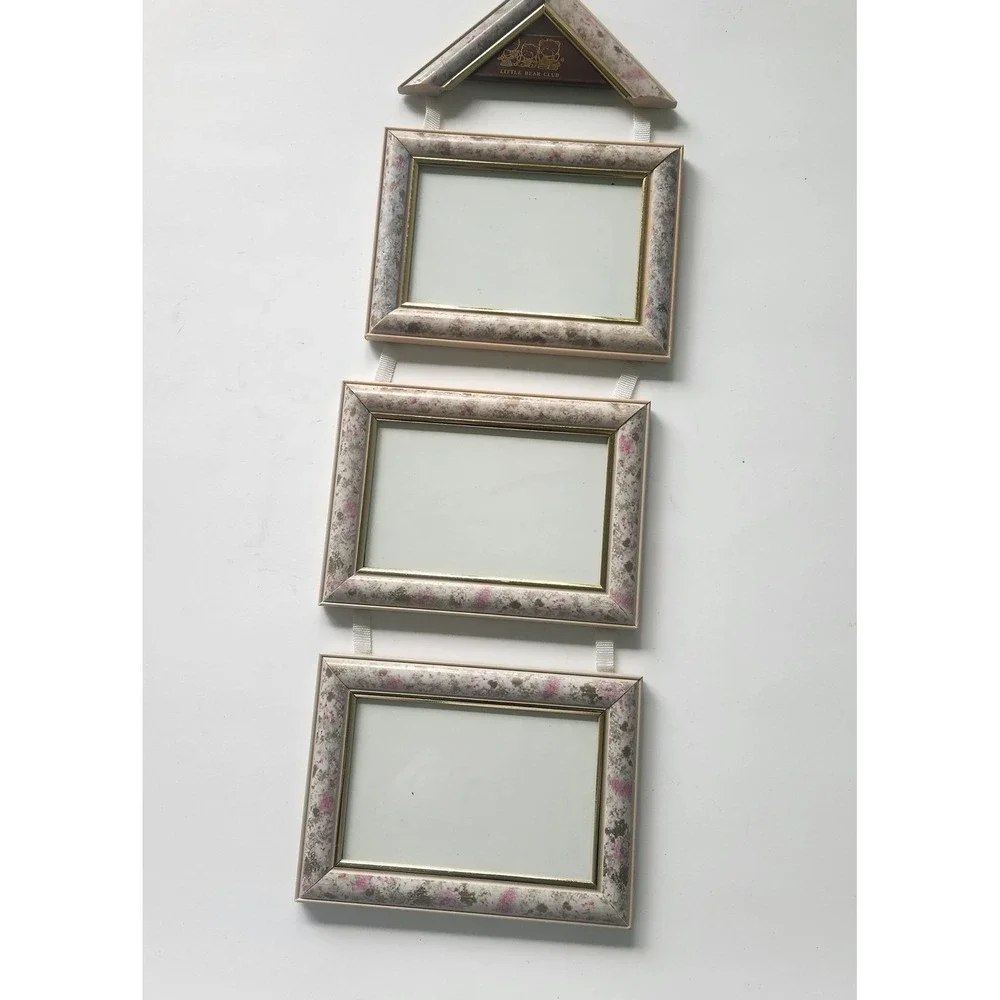 Little Bear Club Hanging Triple Photo Frame Pink Marbled Gold Trim Nursery Decor